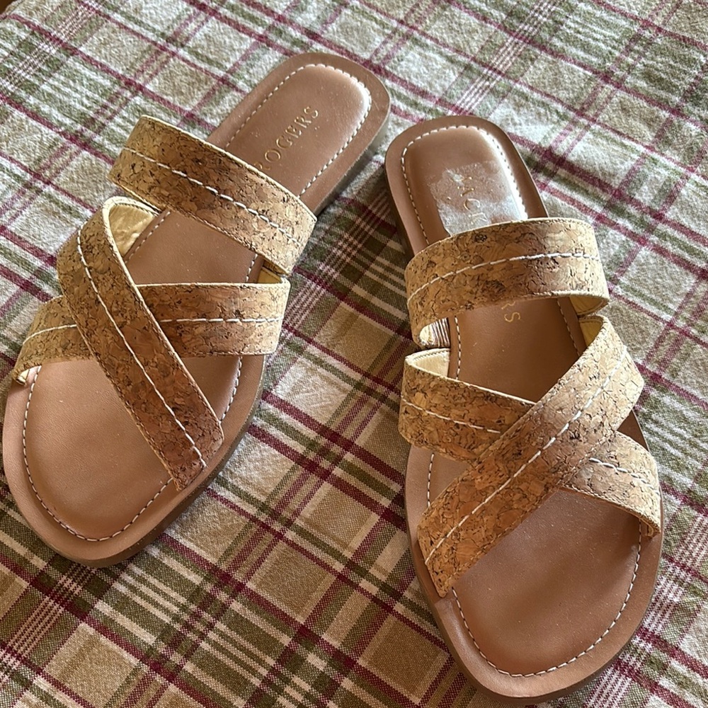 Jack Rogers Cork Cross-Strap Slide Sandals - Tan - Brand New 7.5M